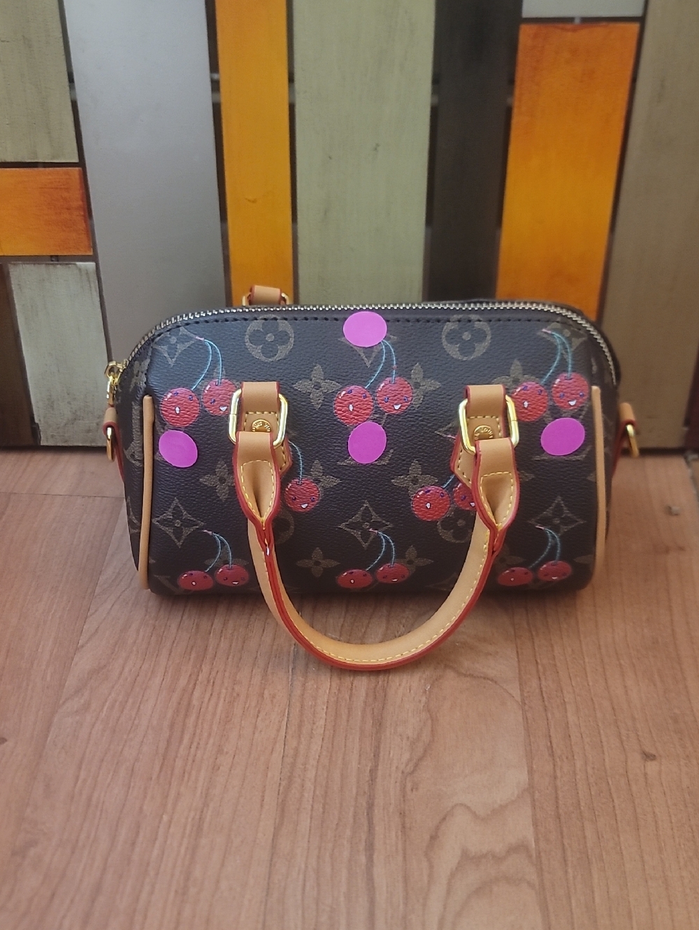 Cherry Print Brown Dome Satchel Handbag